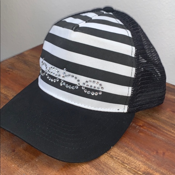 Y2K Bebe Black and White Striped Rhinestone Hat - Picture 3 of 5